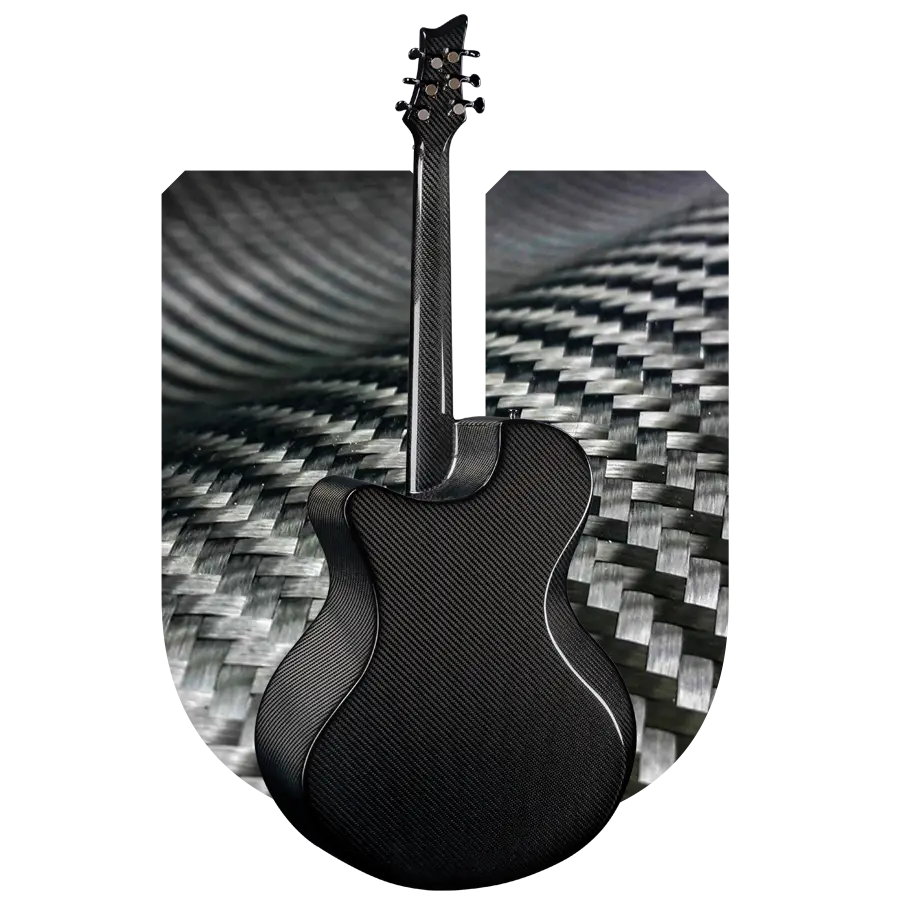 Emerald guitar displayed against carbon fiber backdrop, highlighting the one-piece construction for enhanced durability and sound